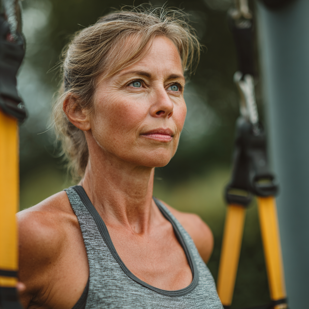 Active middle-aged woman in her early 50s exercising outdoors with resistance bands, wearing athletic wear and showing determination during a functional fitness workout in a park setting