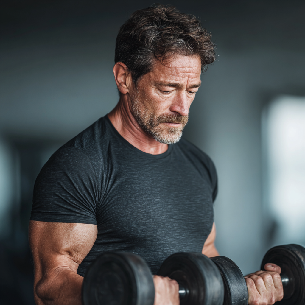 Fit middle-aged man around 45 years old performing strength training with dumbbells in a modern gym, demonstrating proper form during a functional fitness workout, wearing athletic clothing